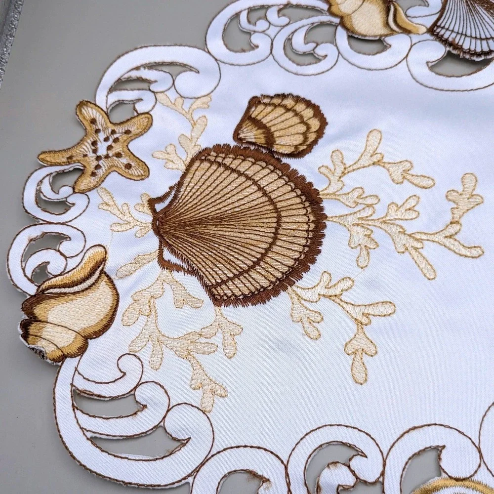Embroidered Seashell Beach Themed White Gold Keyhole Placemats - Set of 4